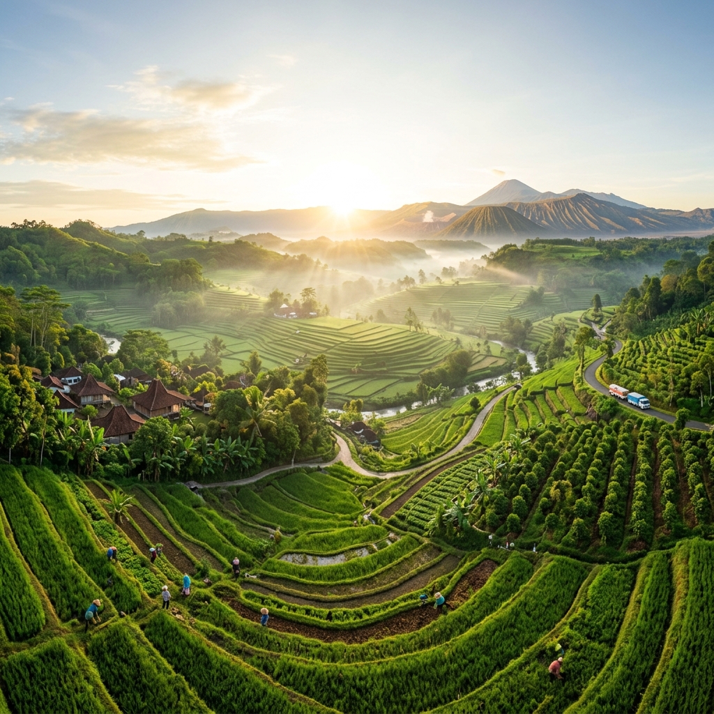 A panoramic high-resolution photograph of lush, emerald green Indonesian spice plantations under a soft morning mist. Showing cargo trucks representing global export and trust.