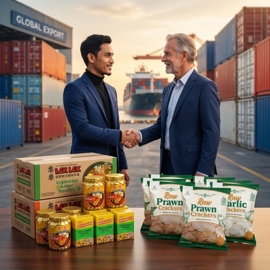 A premium B2B corporate lifestyle photograph symbolizing trust and global export-import trade. In the sharply focused foreground, boxes of vegetarian noodles, roasted peanuts, and bags of raw prawn crackers are elegantly displayed. In the background, Export & Marketing Manager Ryandi shakes hands with an international business partner at a modern logistics port.