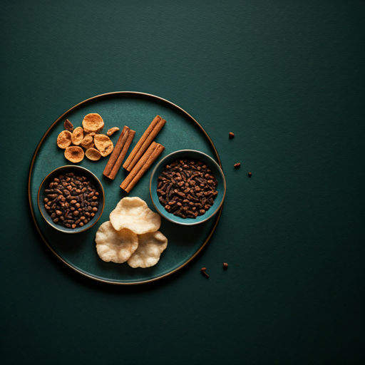 A top-down aesthetic shot of traditional Indonesian spices and dried ingredients arranged on a dark green textured surface.