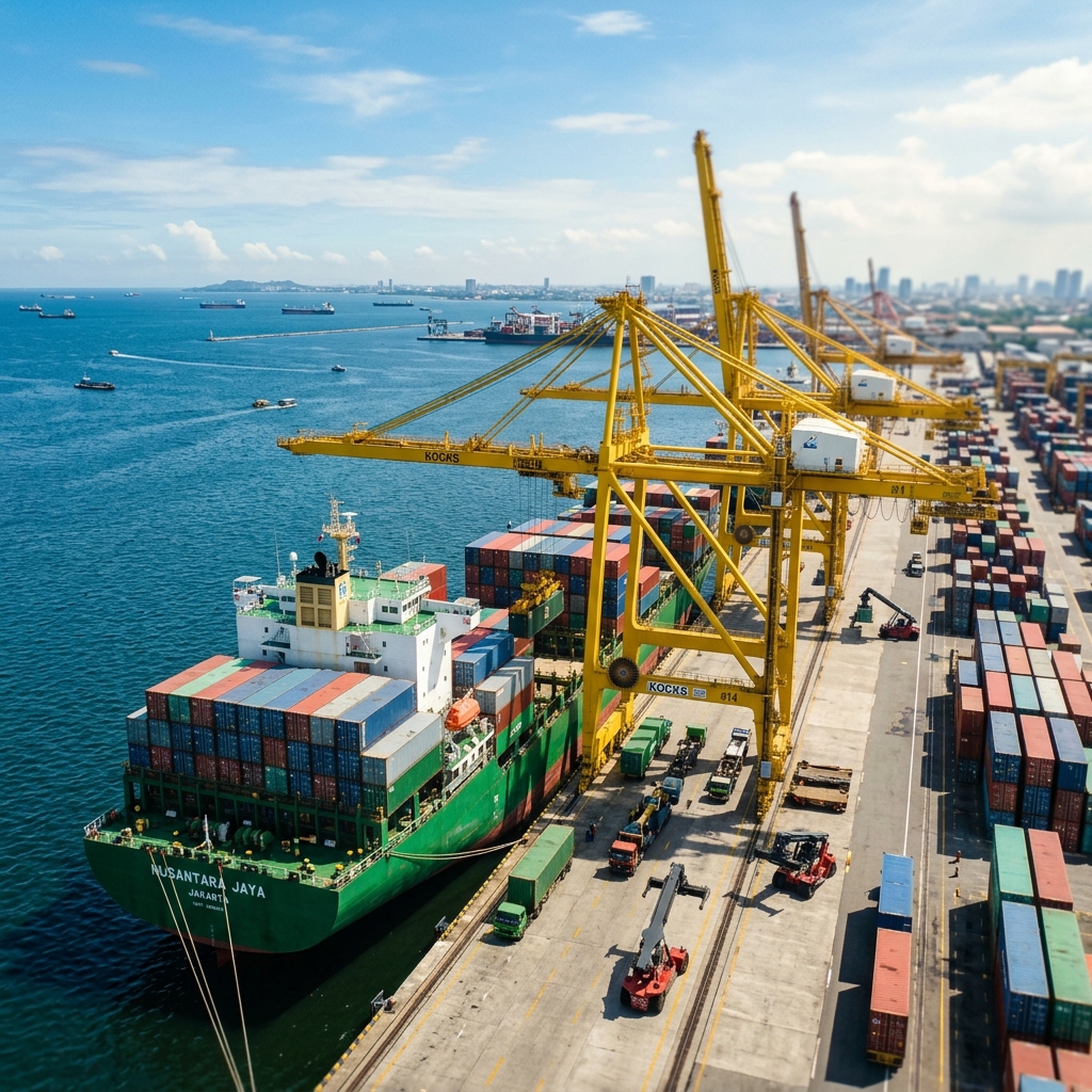 Modern busy Indonesian shipping port harbor and cargo logistics