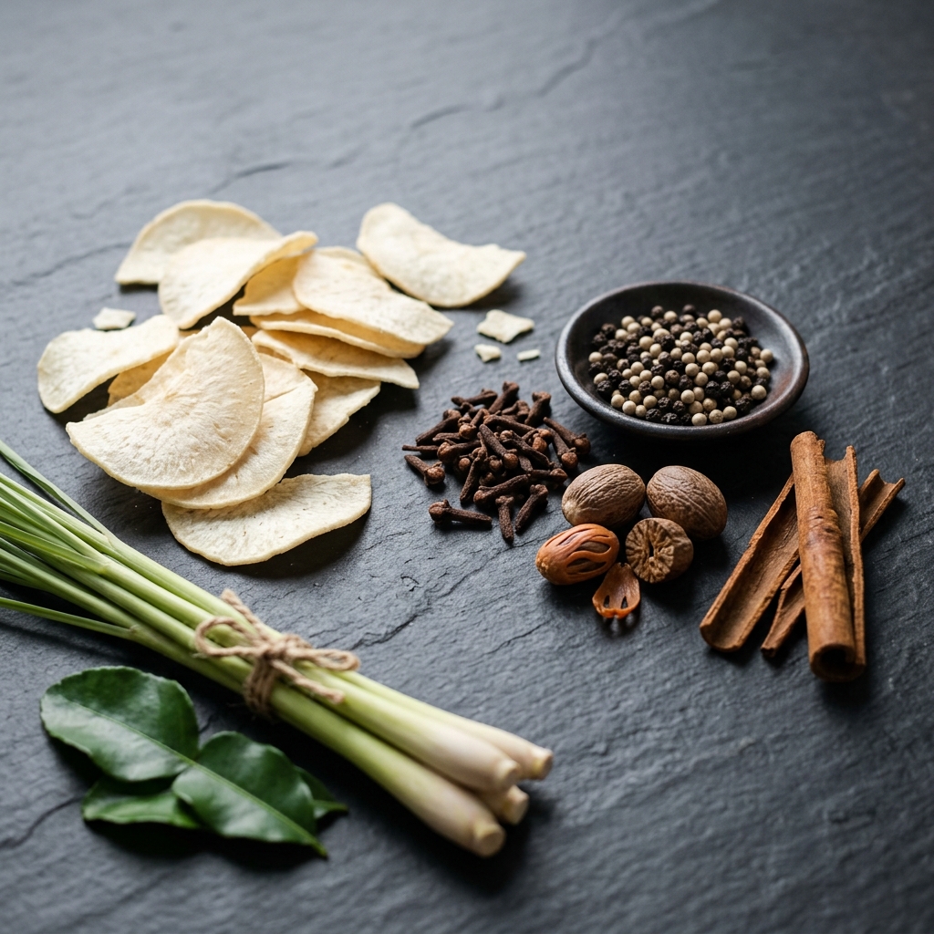 Premium raw cassava crackers and traditional Indonesian spices on textured background