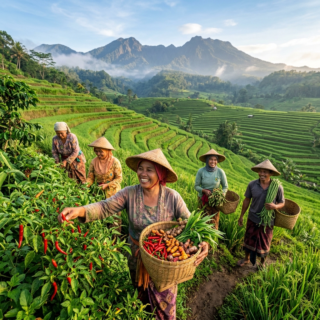 Indonesian local farmers harvesting fresh organic agricultural crops