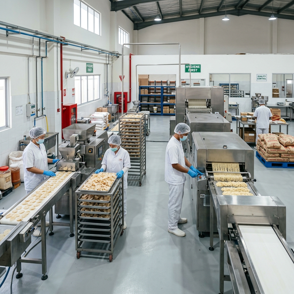 A high-angle cinematic shot of a clean and efficient medium-scale food processing facility producing crackers and noodles
