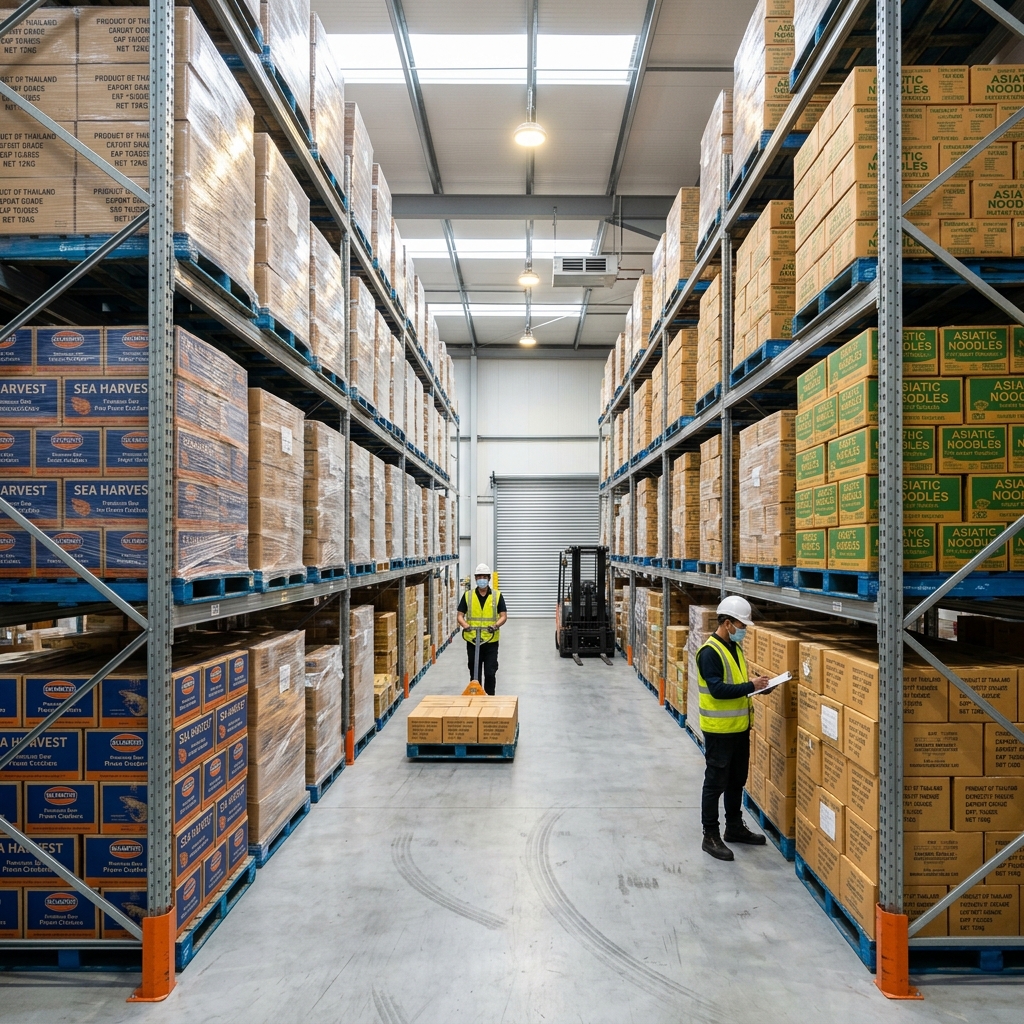 Well-organized medium-scale food logistics warehouse filled with boxes of raw crackers and instant noodles