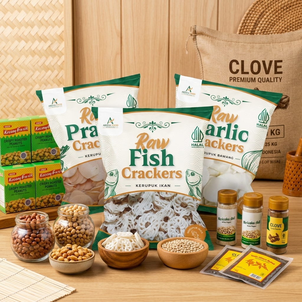 A premium B2B corporate food photograph showcasing a clean, minimalist Indonesian arrangement of all export products: traditional raw prawn crackers, vegetarian instant noodles, roasted peanuts, and rich Indonesian spices on light teak wood.